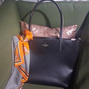 Kate Spade Black Tote with Vibrant Orange Scarf